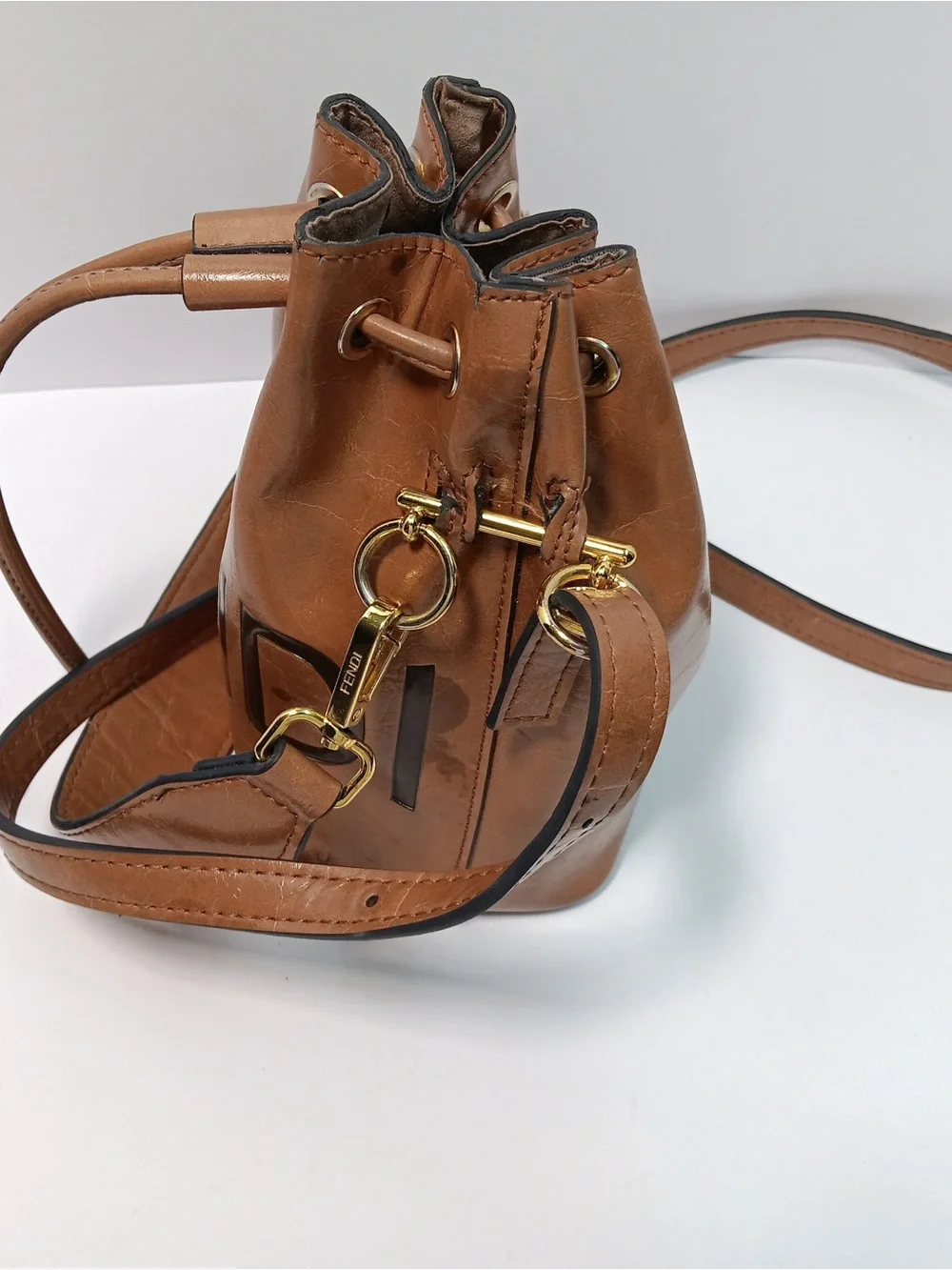 Fendi Tan Leather Logo Drawstring Crossbody Bag